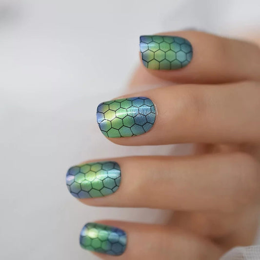 24 PCS Short Press On Nails – Aqua Blue Geometric Snakeskin Ombre Green Honeycomb Design surethings