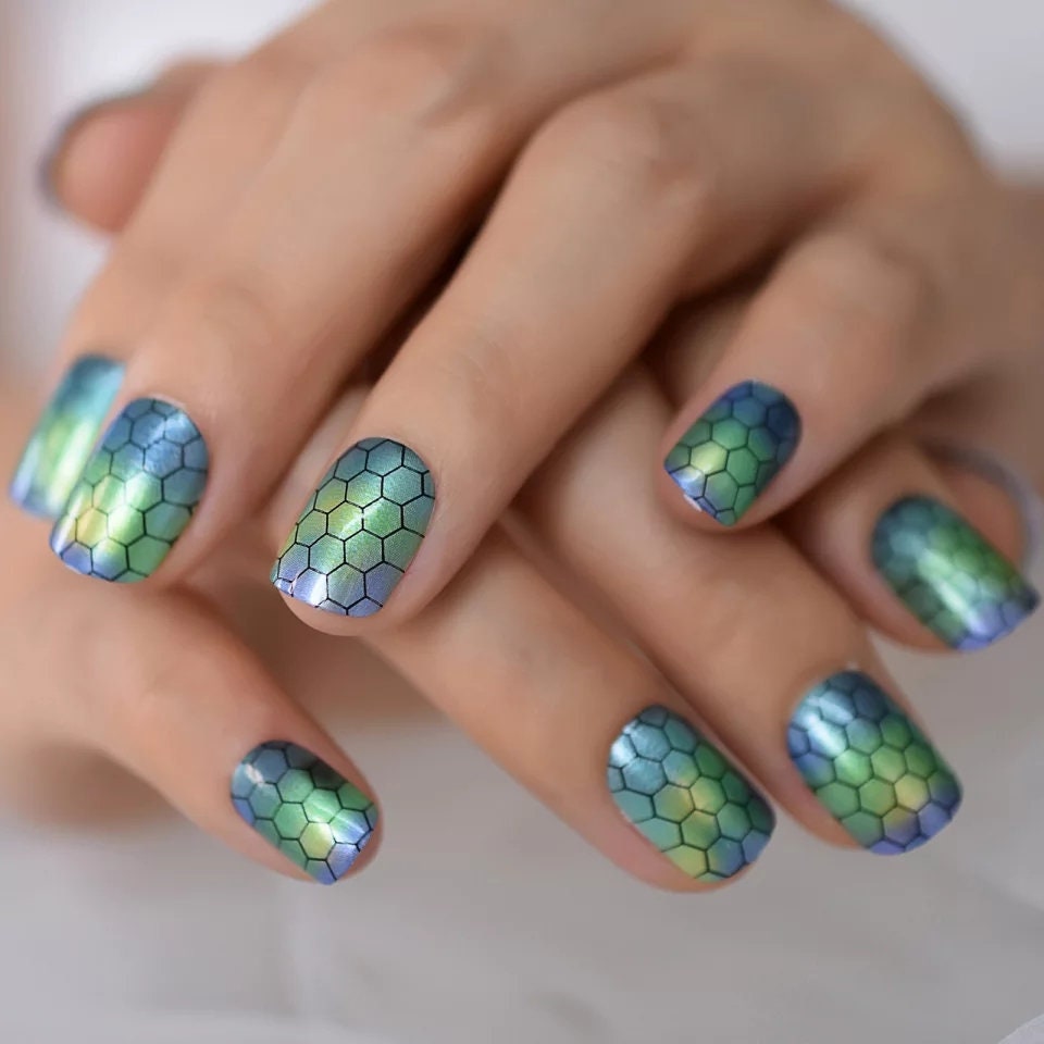 24 Unique Short Press On Nails Geometric Glue On aqua blue snakeskin honeycomb trendy classic lines ombre green artsy multicolor