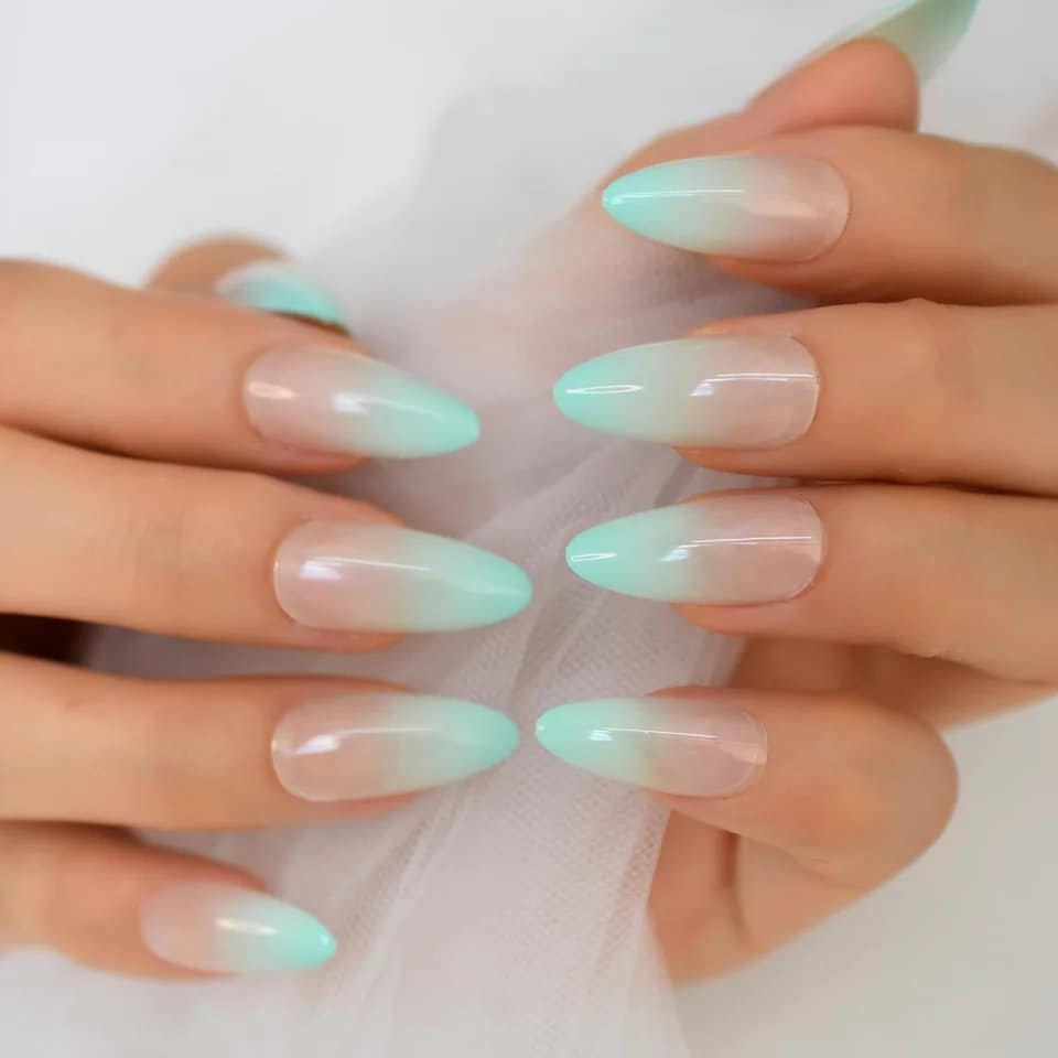 24 Mint Ombre Long Press-On Nails in Nude Green with Stiletto Almond French Tip Design surethings