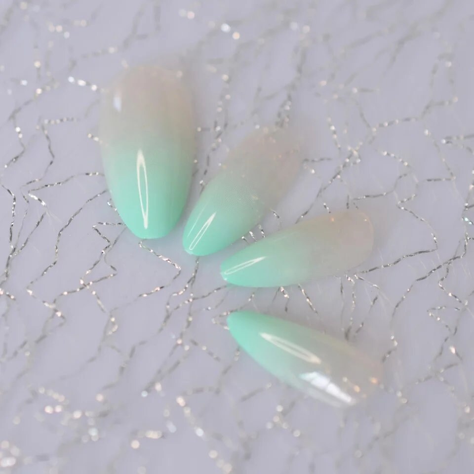 24 Mint Ombre Long Press-On Nails in Nude Green with Stiletto Almond French Tip Design surethings