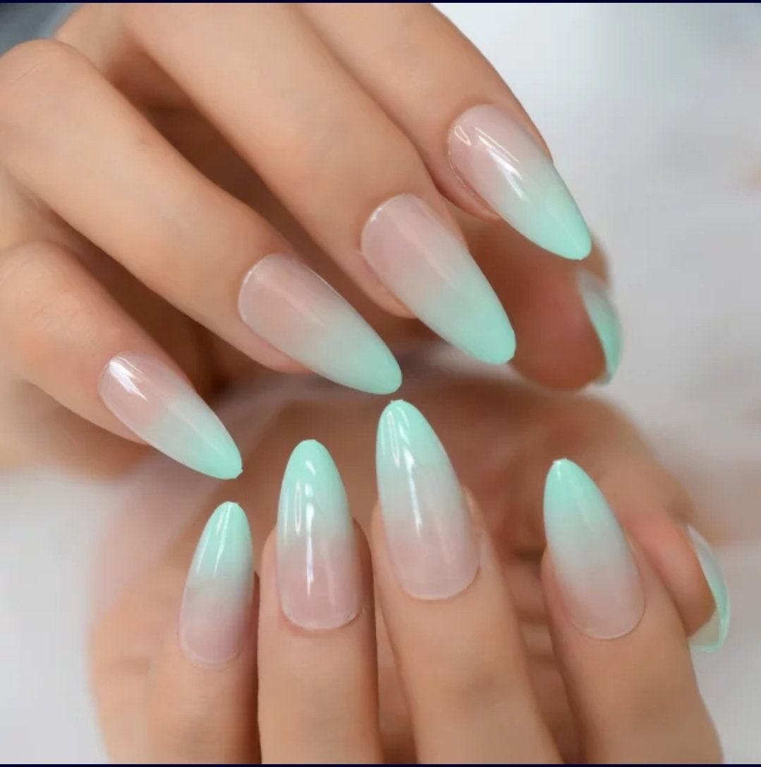 24 Mint Ombre Long Press-On Nails in Nude Green with Stiletto Almond French Tip Design surethings