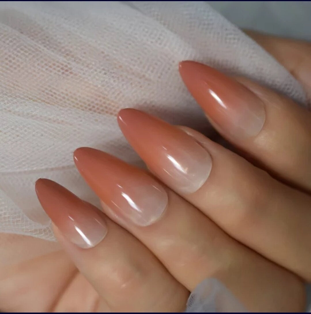 24 Ombre Burnt Peach Omber long press-on nails nude Stiletto Almond French tip glue on natural nude orange fall winter