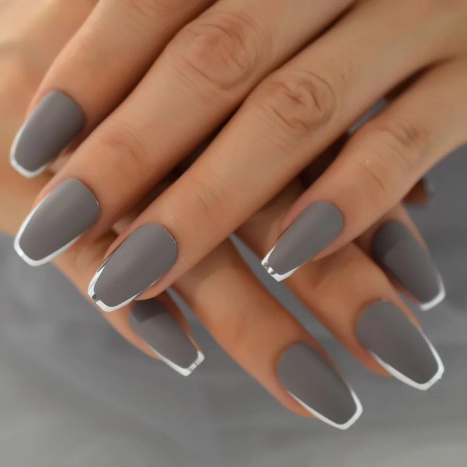 24 Gray metal silver rim Chrome medium Coffin Long Press on nails glue on mirror shiny metallic gray dark
