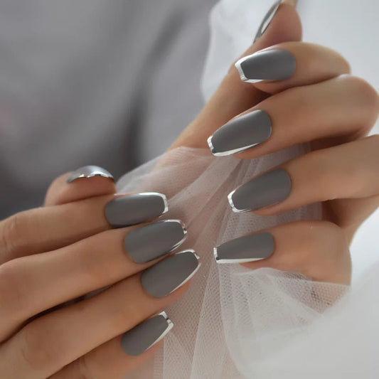 24 Gray metal silver rim Chrome medium Coffin Long Press on nails glue on mirror shiny metallic gray dark
