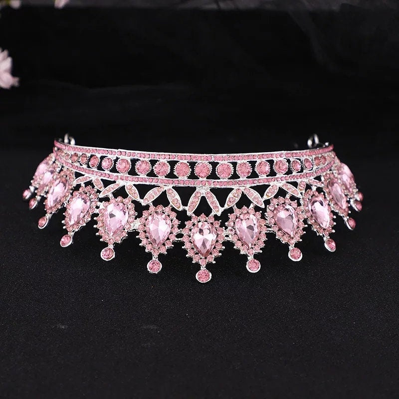 Pink Silver Tiara Crown Detailed rose gold Princess Queen headdress 