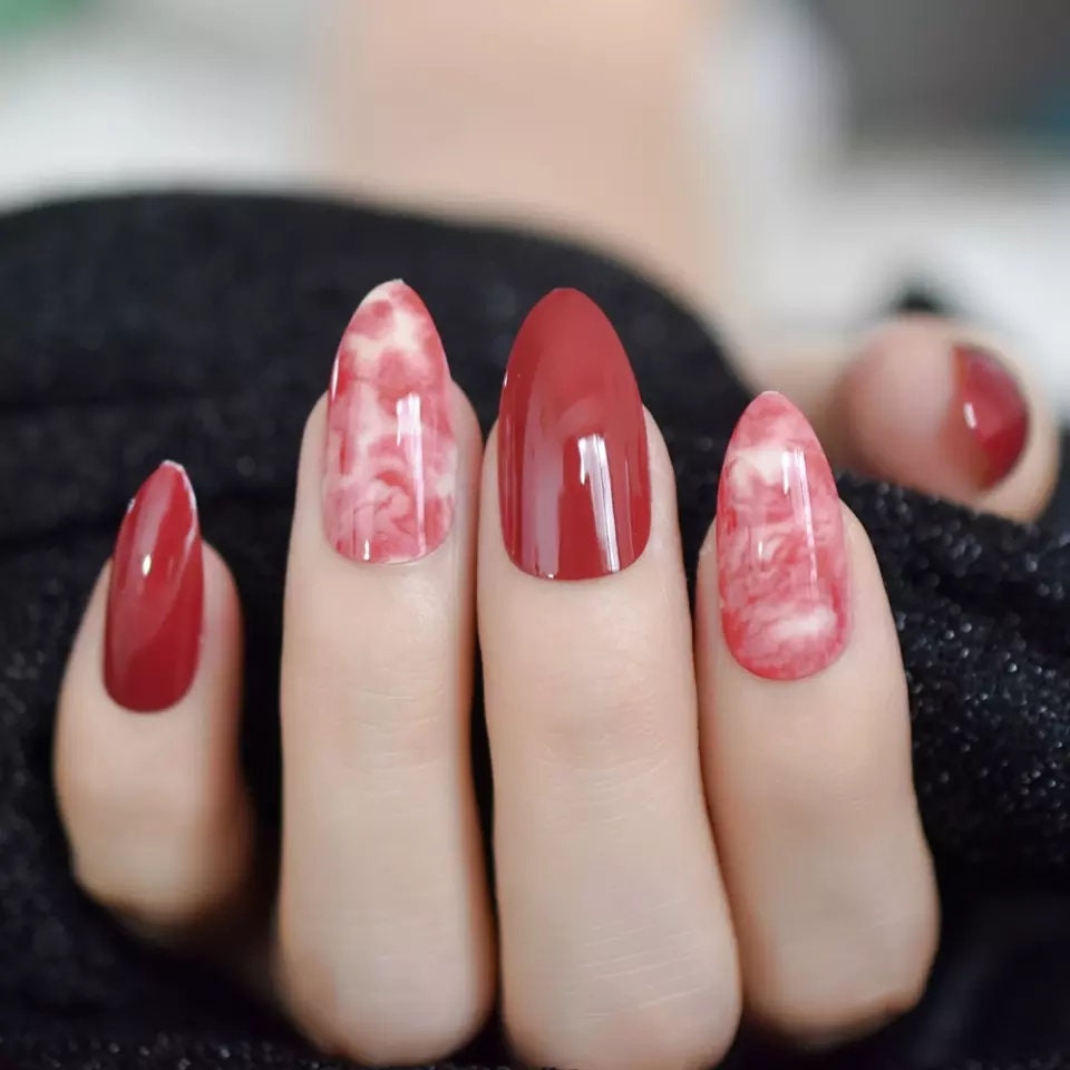Rose Red Marble Almond Press On Nails – Medium Multicolor Stiletto Glue On Kit surethings