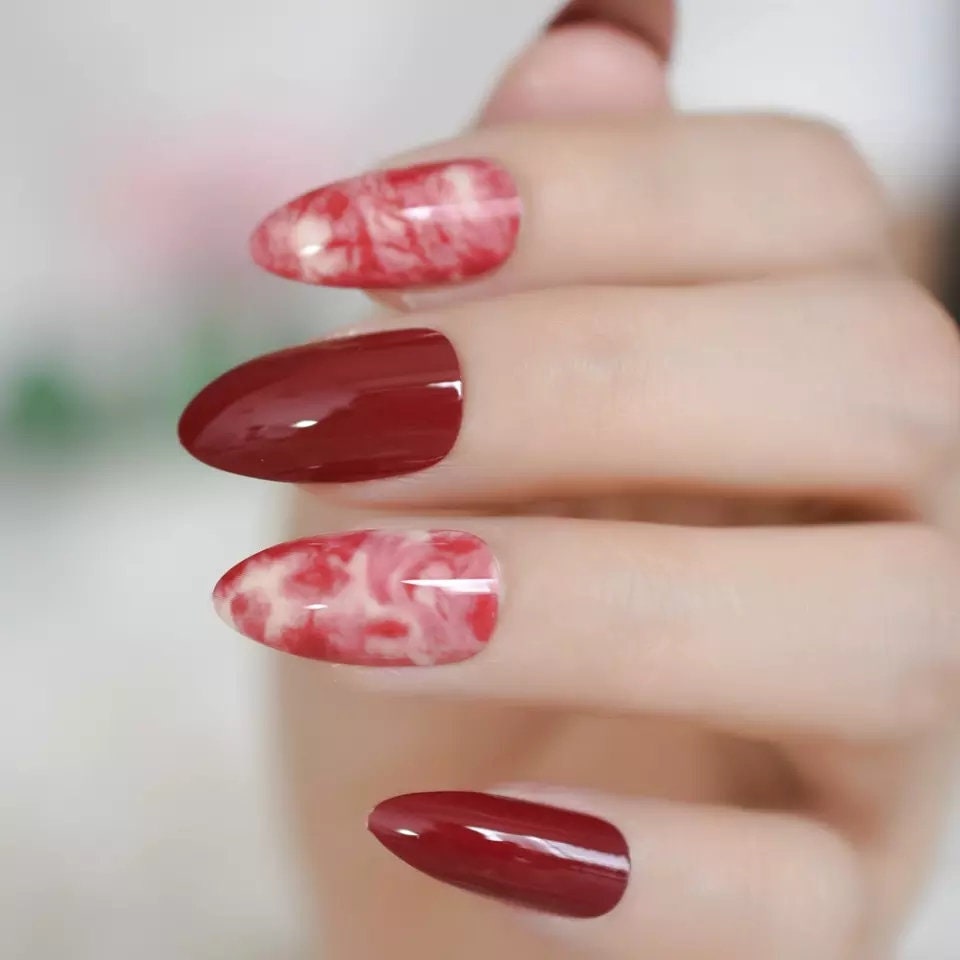 Rose Red Marble Almond Press On Nails – Medium Multicolor Stiletto Glue On Kit surethings