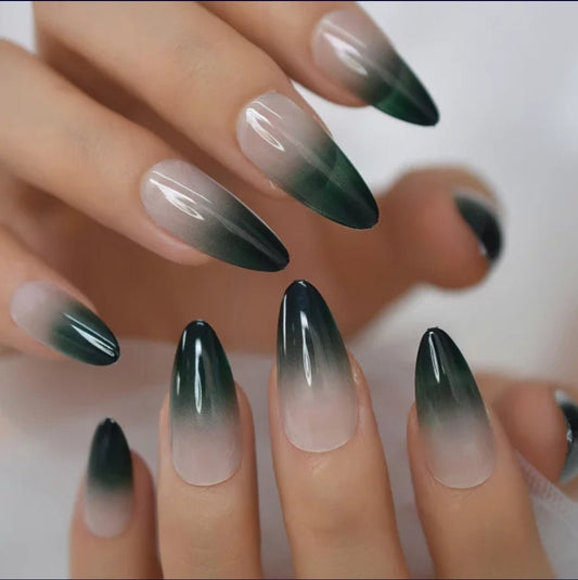 Green Ombre Long Press On Nails – Nude French Tip Stiletto Almond Shape Glue On surethings