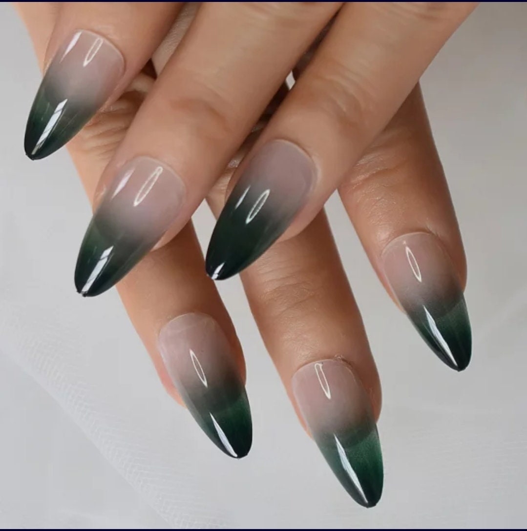 Green Ombre Long Press On Nails – Nude French Tip Stiletto Almond Shape Glue On surethings
