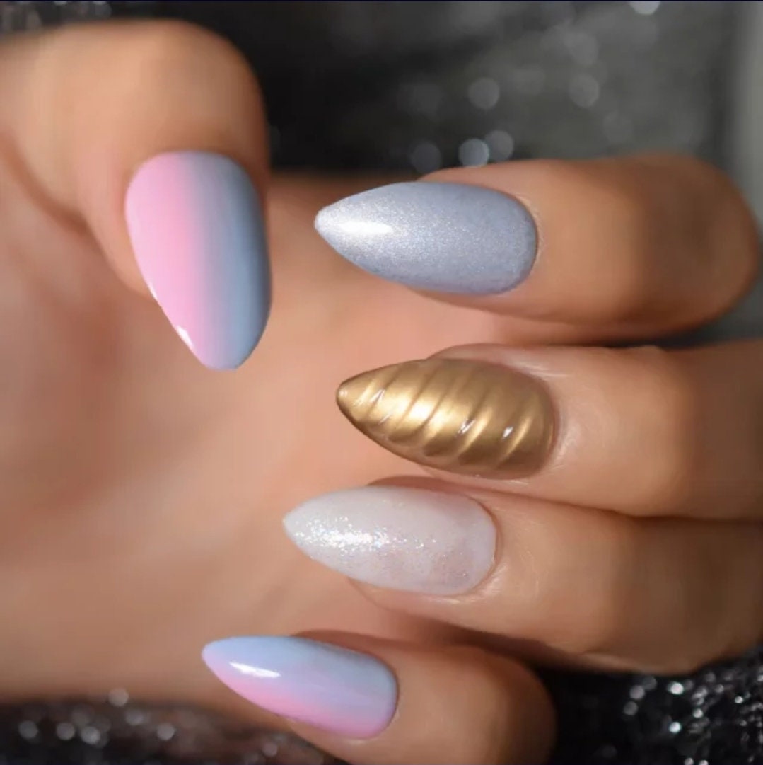 Unicorn ombre almond press on nails – pastel purple and gold swirl glue-on nails with kawaii horn design, 24-piece kit surethings