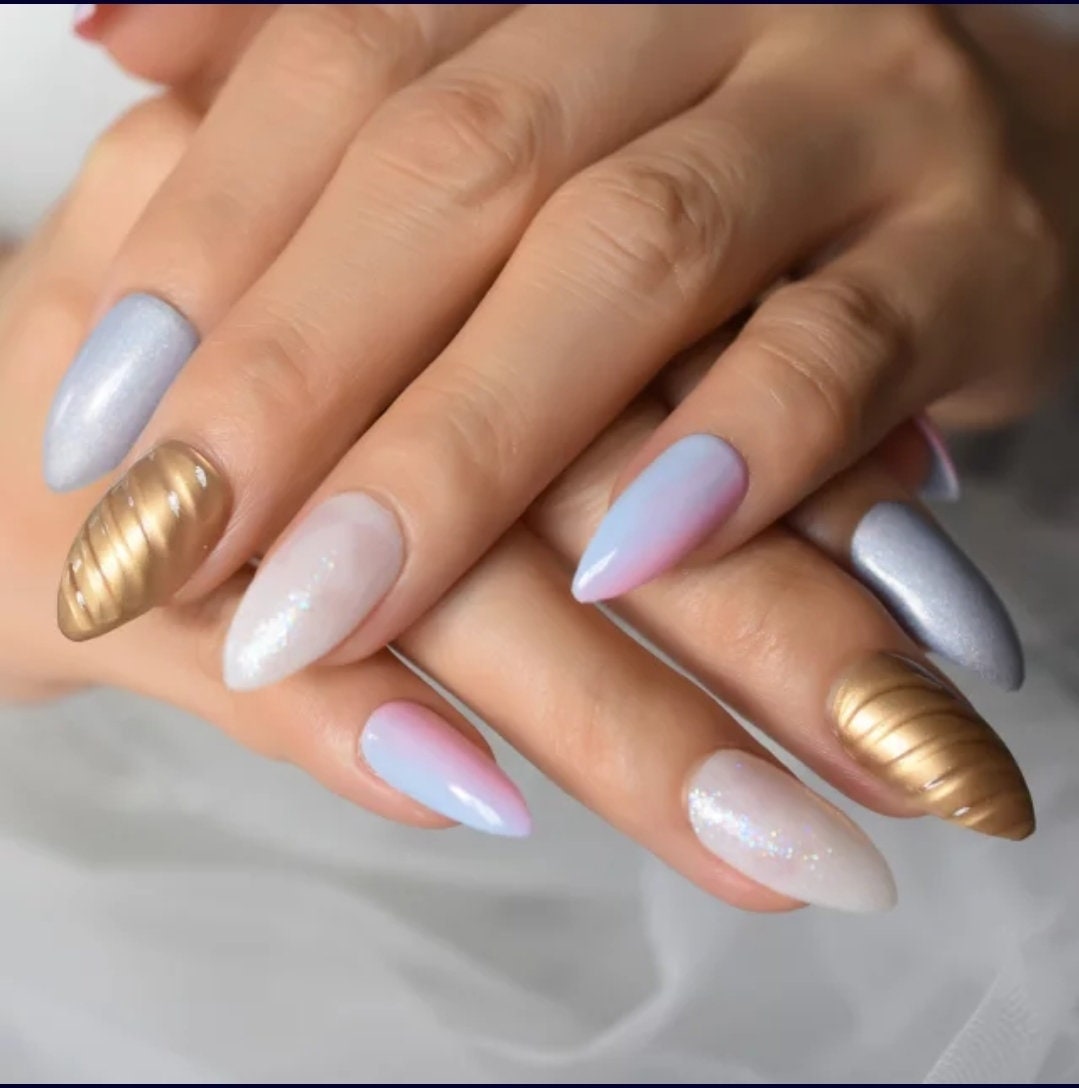 Unicorn ombre almond press on nails – pastel purple and gold swirl glue-on nails with kawaii horn design, 24-piece kit surethings