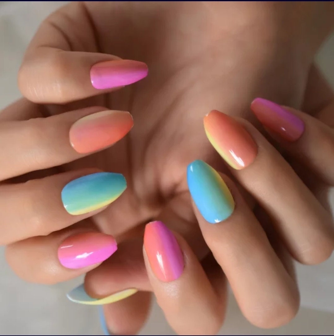 24 pcs Candy Rainbow Ombre Long Press on nails glue on kit kawaii cute Multicolor medium coffin bright neon