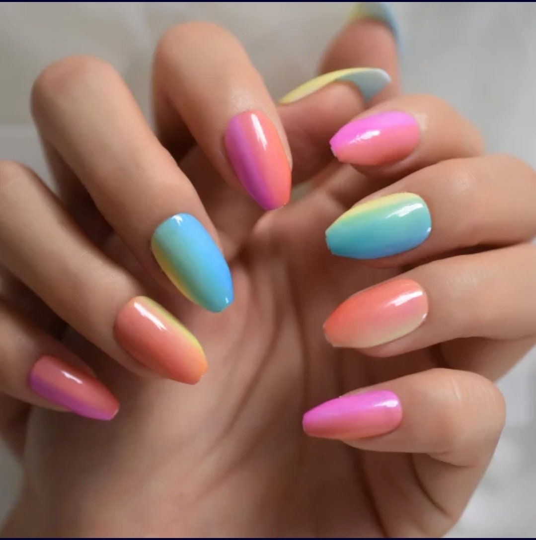 24 pcs Candy Rainbow Ombre Long Press on nails glue on kit kawaii cute Multicolor medium coffin bright neon