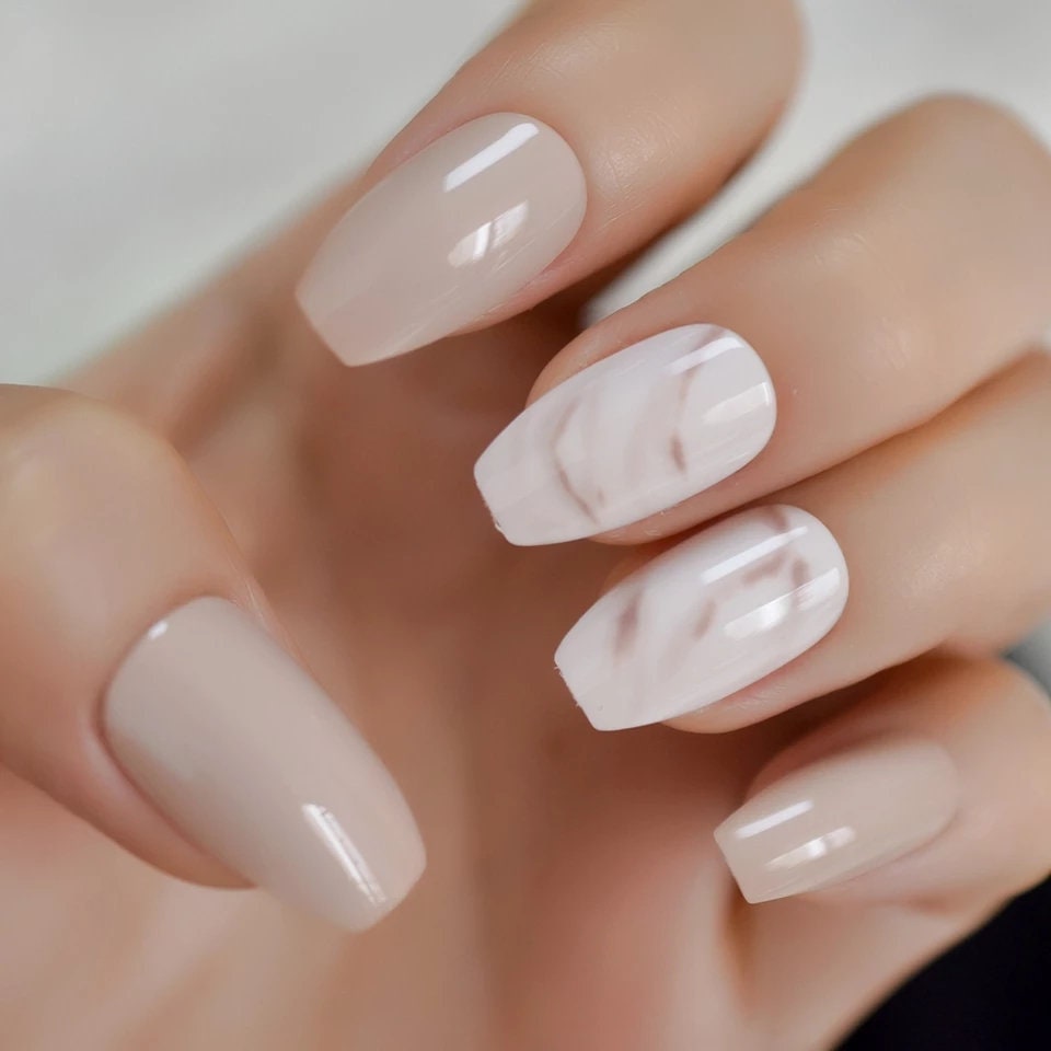 24 Cream nude Marble Long Press on Nails kit glue on white medium coffin khaki