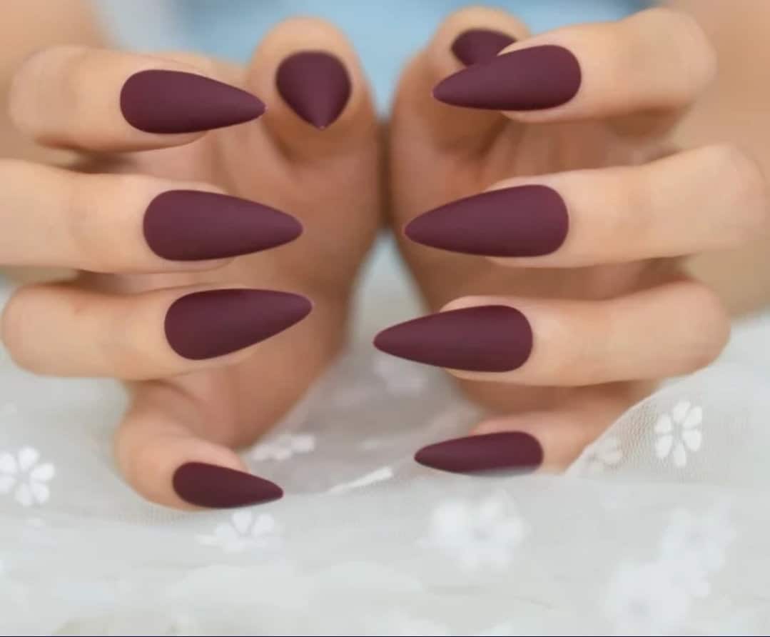 24 Glossy Maroon Stiletto Long Press on nails kit witchy goth alt pointed glue on Dark Red