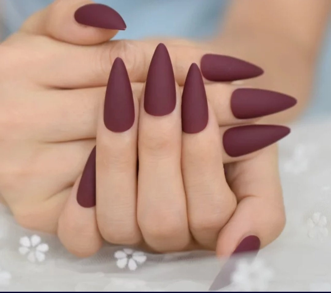 24 matte maroon long stiletto press on nails – pointed dark red gothic style surethings