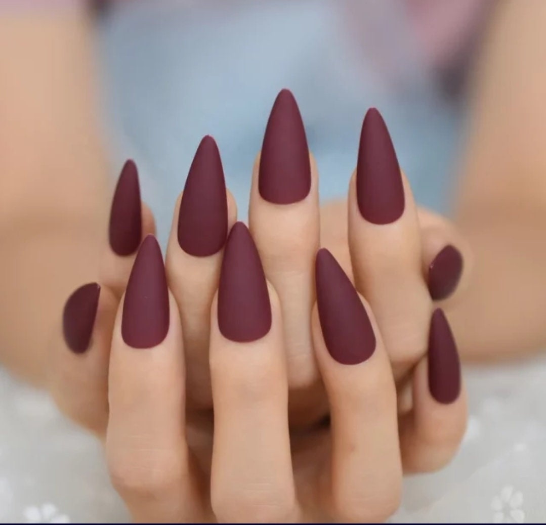 24 matte maroon long stiletto press on nails – pointed dark red gothic style surethings