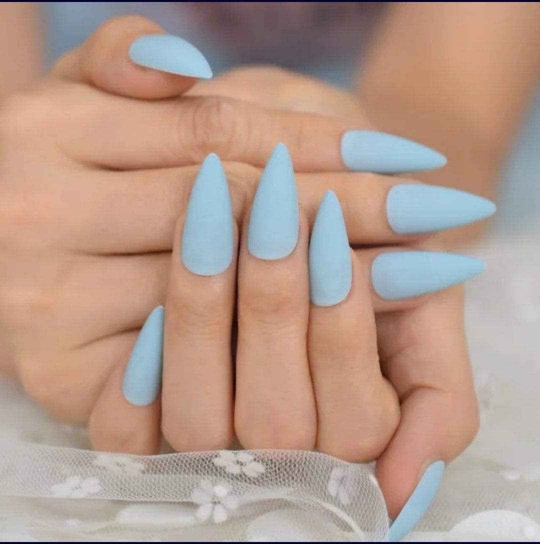 Matte pastel denim blue long press-on nails in stiletto shape – 24 pcs kawaii nail kit surethings