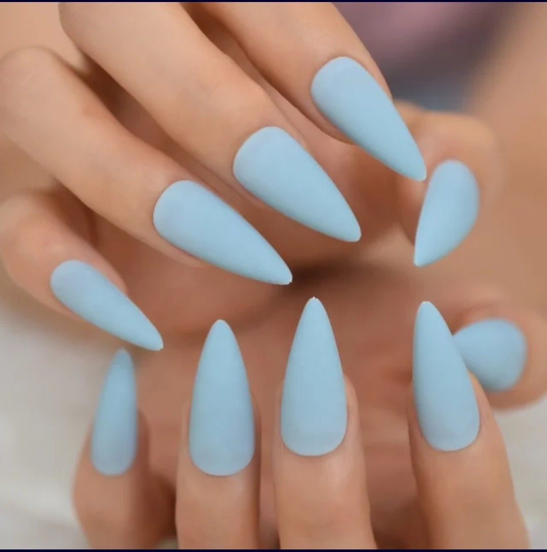 Matte pastel denim blue long press-on nails in stiletto shape – 24 pcs kawaii nail kit surethings
