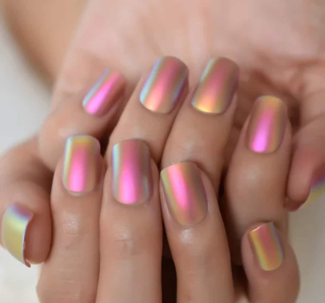 24 Matte Holographic iridescent Unicorn Short Press on nails glue on pink shimmer tan orange purple unique desert glow multicolor