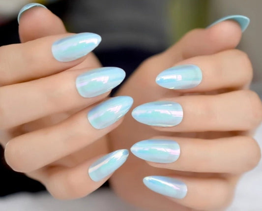 24 PCS Long Press On Nails Holographic Baby Blue Winter Unicorn Nail Set surethings