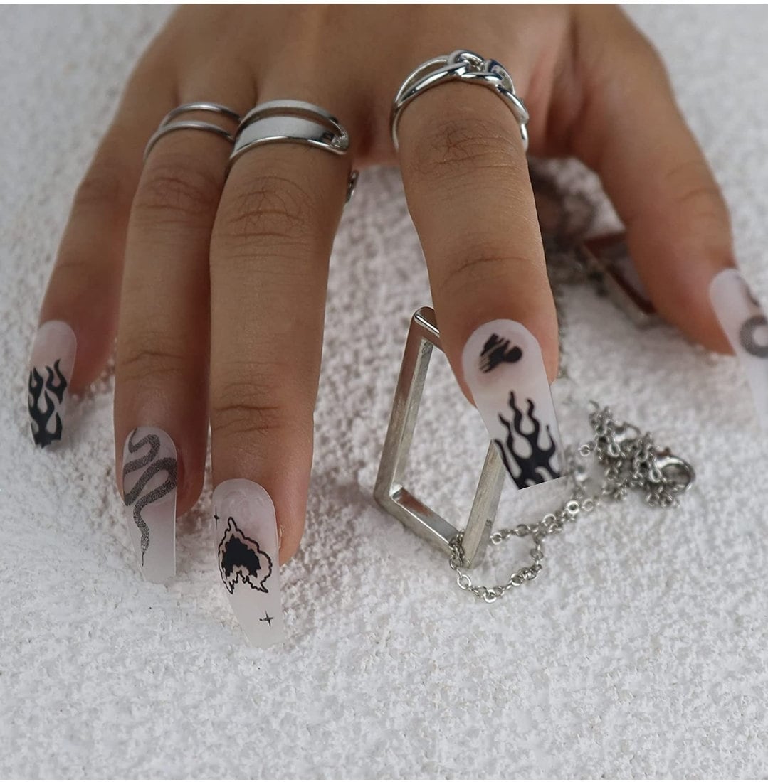 24 Matte Frosted Clear Black Press on nails kit glue on drawing edgy goth snake long