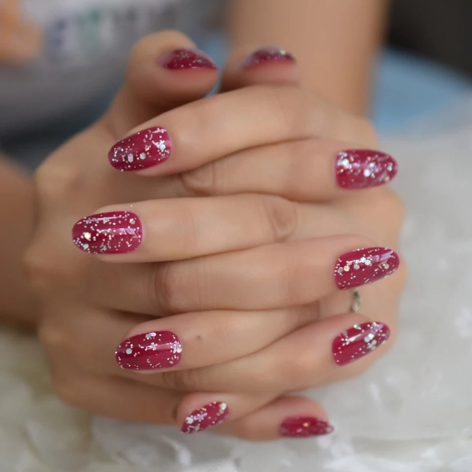 24 pcs Berry Sparkle Glitter Short Press On Nails Almond glue on Holographic red purple burgundy