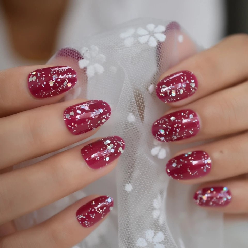 24 pcs Berry Sparkle Glitter Short Press On Nails Almond glue on Holographic red purple burgundy