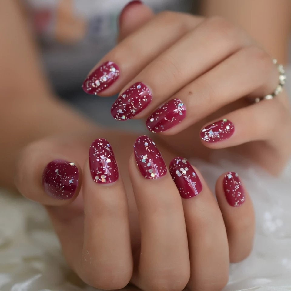 24 pcs Berry Sparkle Glitter Short Press On Nails Almond glue on Holographic red purple burgundy