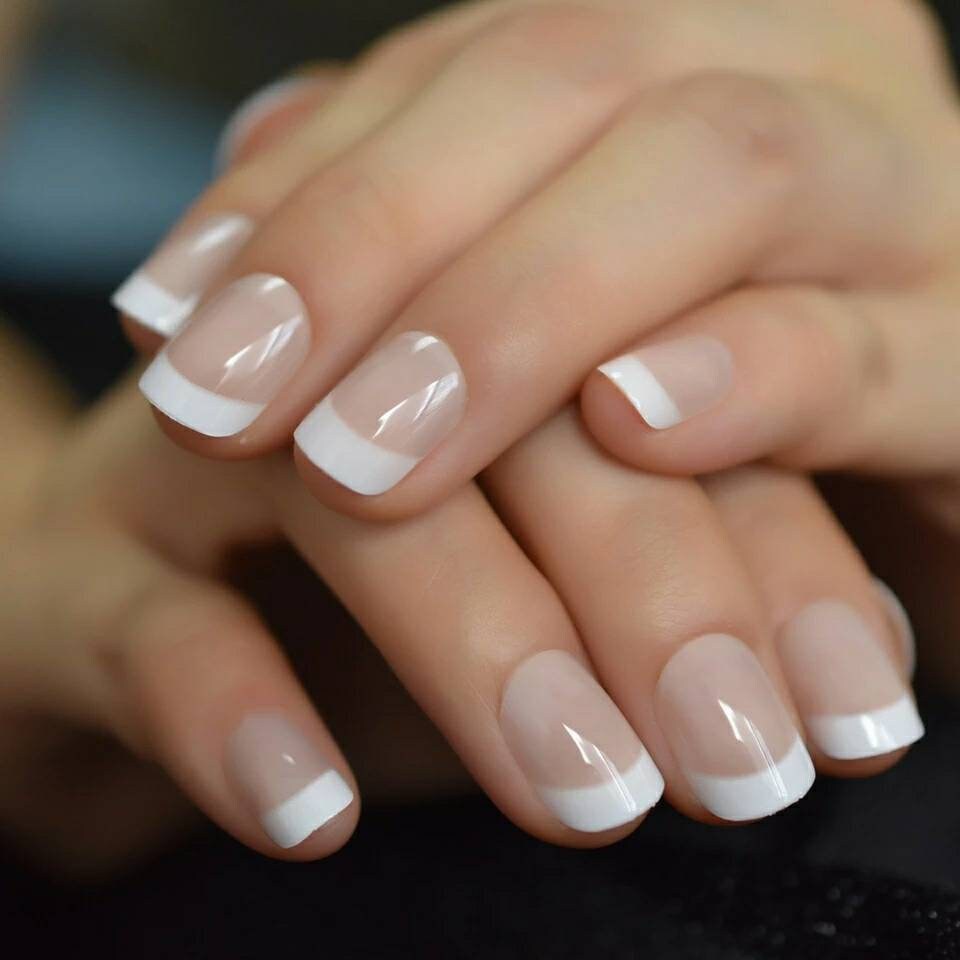 24 French Tip Short Press on nails glue on nude natural