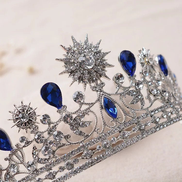 Silver Sapphire Blue Tiara Crown Headdress half royal wedding princess birthday gift sun