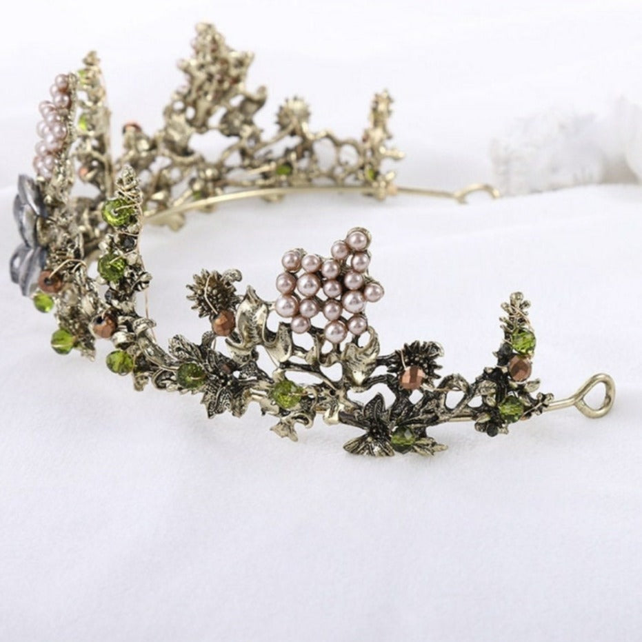 Be my Druidess Woodland Baroque Tiara Crown Princess Queen green leaf dark gray headdress