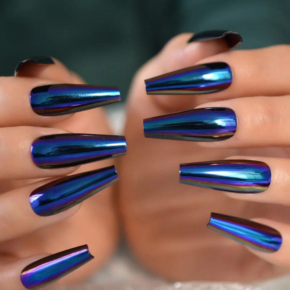 Extra Long Deep Blue Chrome Press On Nails – Coffin Shape Metallic Mirror Finish (24PCS Glue-On Set) surethings
