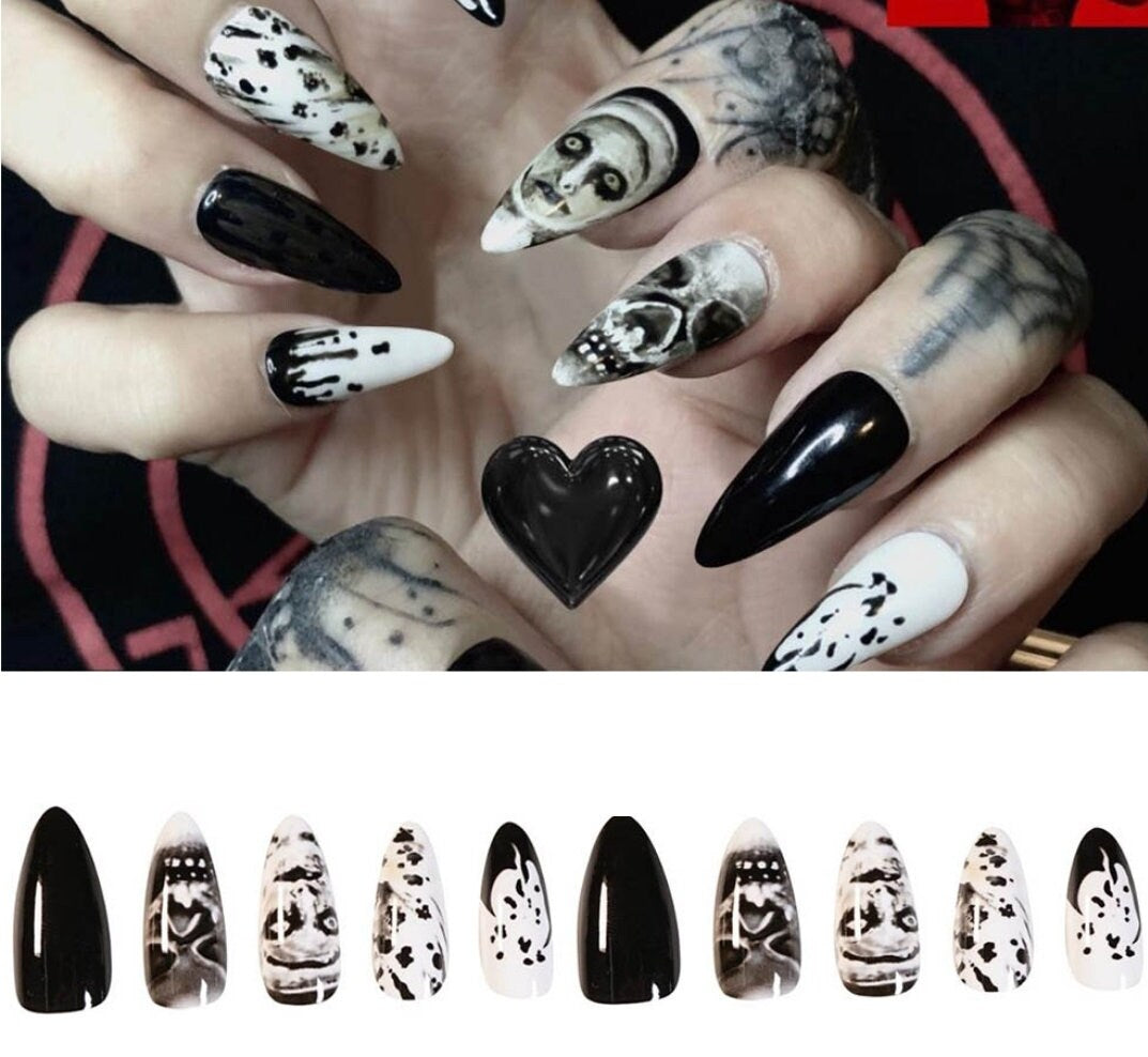 24 Witchy black white stiletto Long press on nails kit glue on alt edgy Halloween Horror spooky ghost ghoul nun