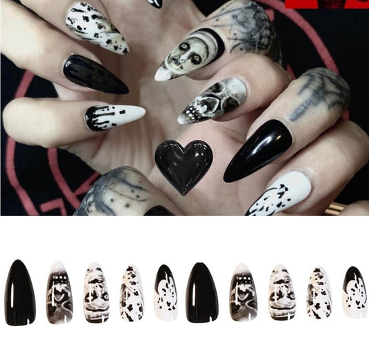 Witchy Black and White Stiletto Long Press On Nails – Ghost Ghoul Nun Halloween Nails surethings