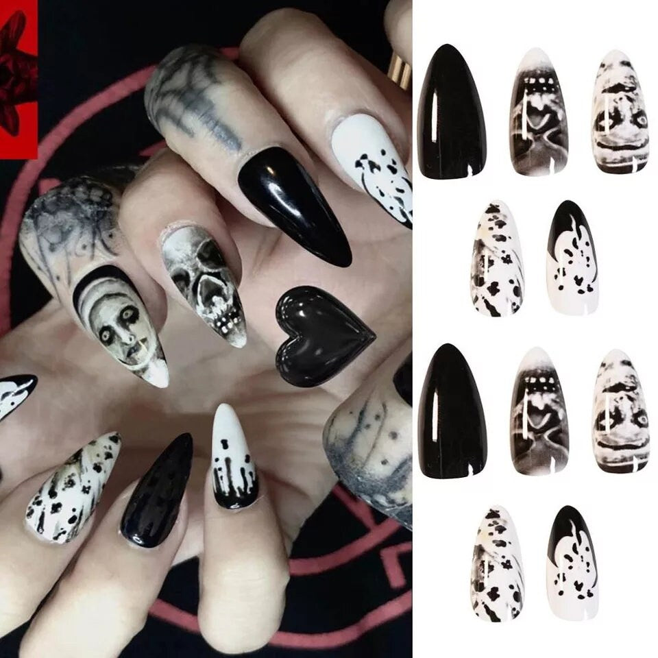 24 Witchy black white stiletto Long press on nails kit glue on alt edgy Halloween Horror spooky ghost ghoul nun