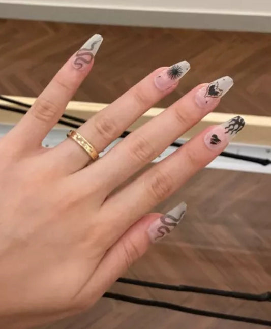 24 Clear Matte Long Press on nails Black hearts snake Goth Halloween
