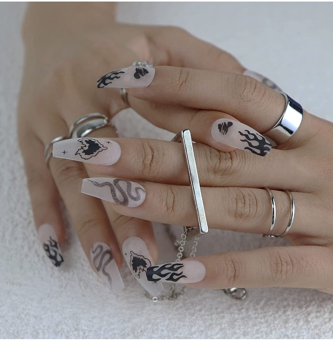 24 Clear Matte Long Press on nails Black hearts snake Goth Halloween