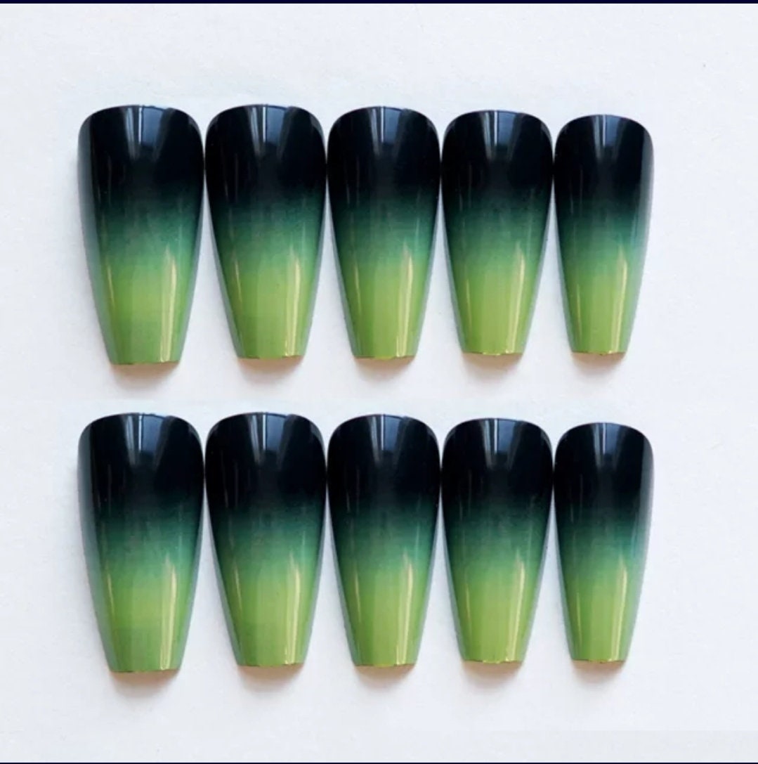 24 Green Ombre Goth Coffin Dark Long Press On nails Glue on Gothic edgy trendy slime bright dark