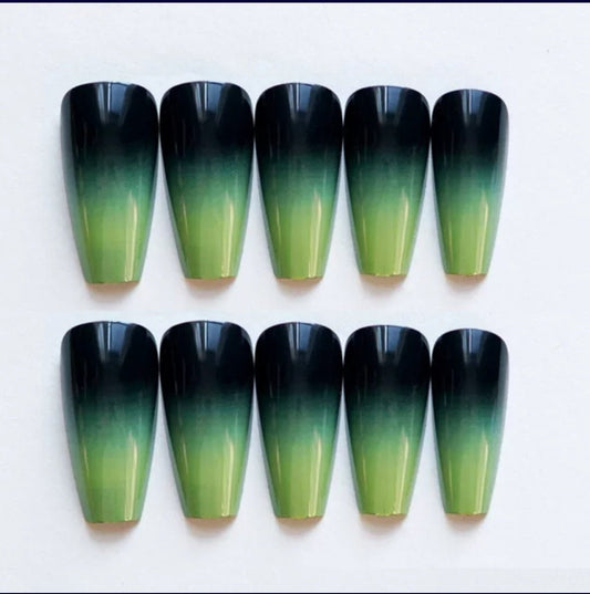 24 Green Ombre Goth Coffin Dark Long Press On nails Glue on Gothic edgy trendy slime bright dark