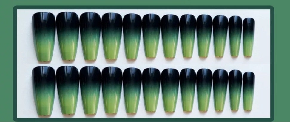 24 Green Ombre Goth Coffin Dark Long Press On nails Glue on Gothic edgy trendy slime bright dark