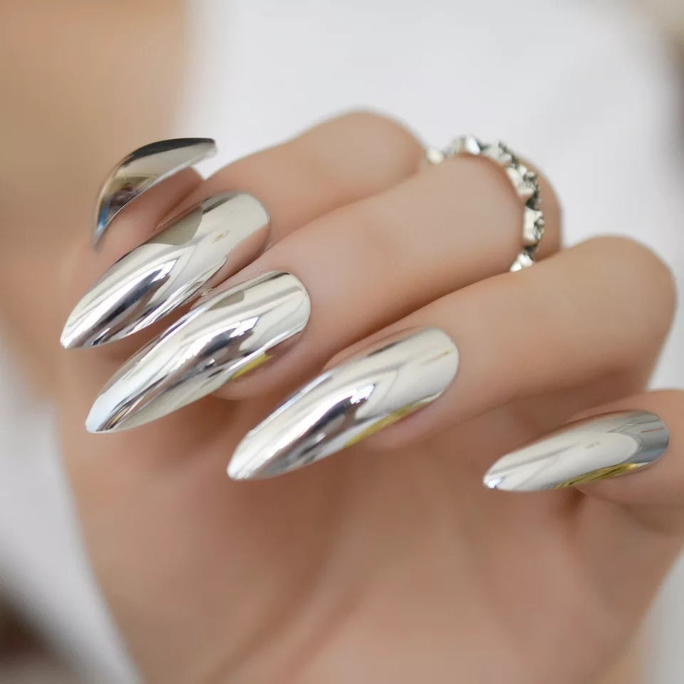 24 Silver Chrome Long Press On Nails Glue on Mirror shiny metallic extra long stiletto claws