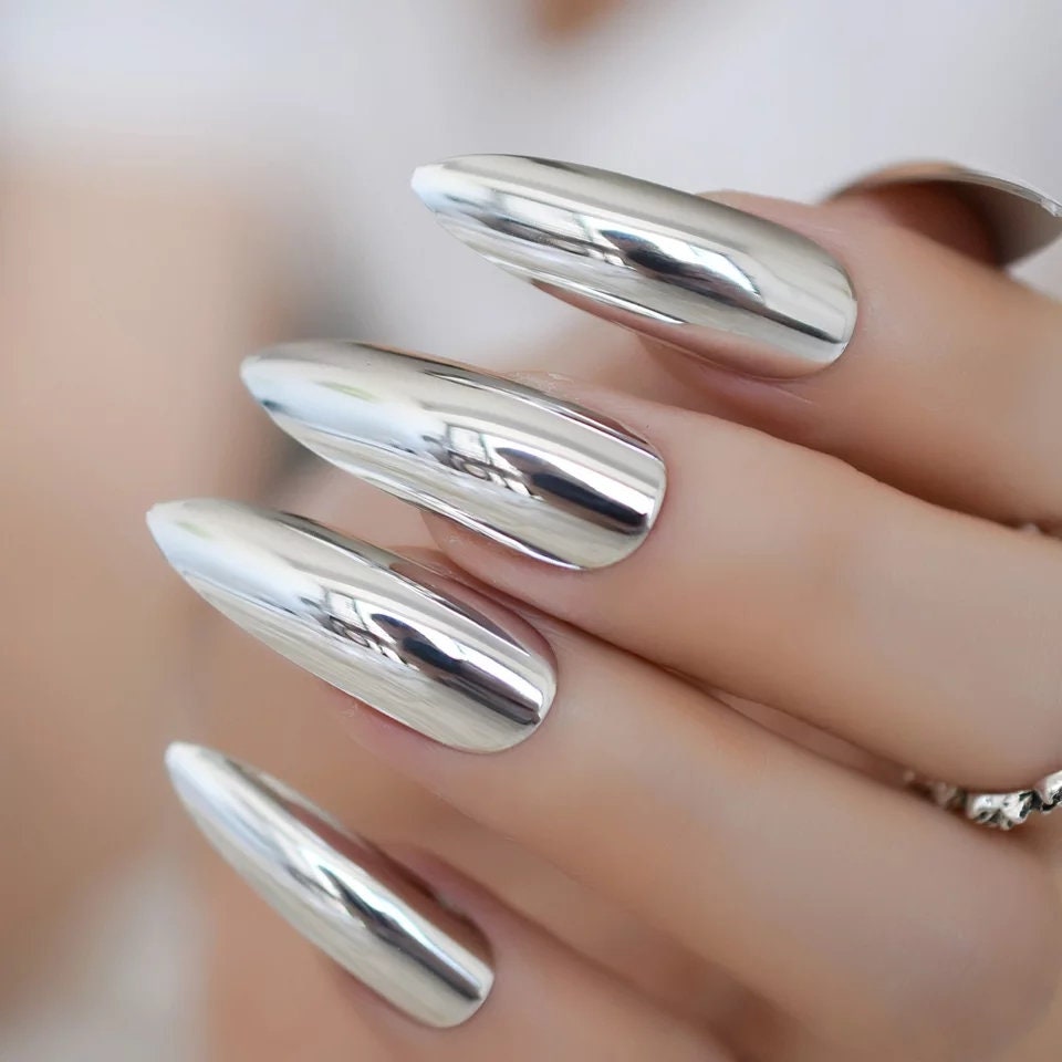 24 Pcs Silver Chrome Long Press On Nails – Extra Long Stiletto Mirror Metallic Claws surethings