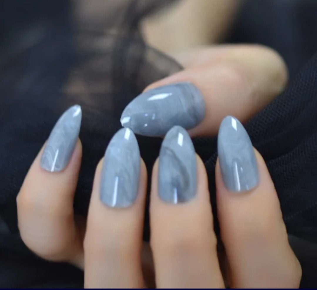 Gray marble almond press-on nails with smoky art design – 24-piece medium stiletto nail kit surethings
