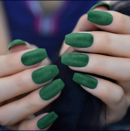 24 PCS Dark Green Fuzzy Long Press On Nails – Medium Coffin Forest Hunter Suede Texture surethings