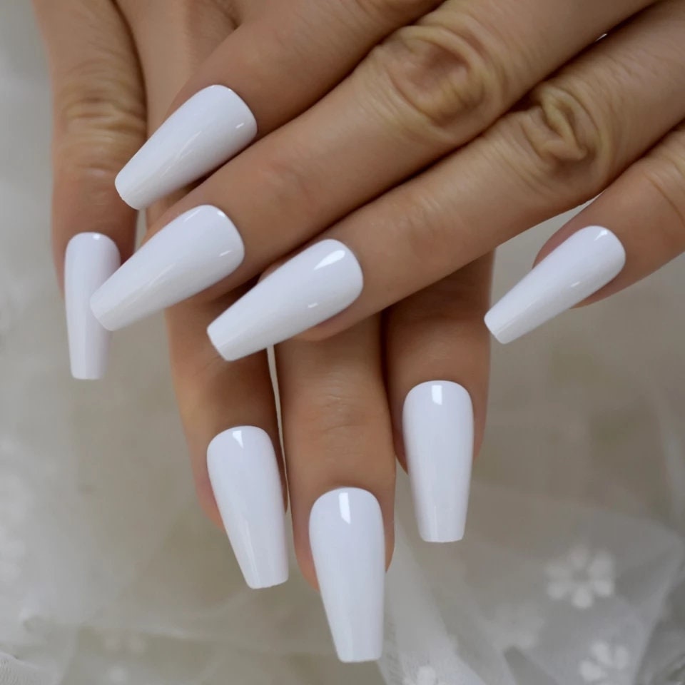24 Coffin White Long Press on nails glue on strong glossy