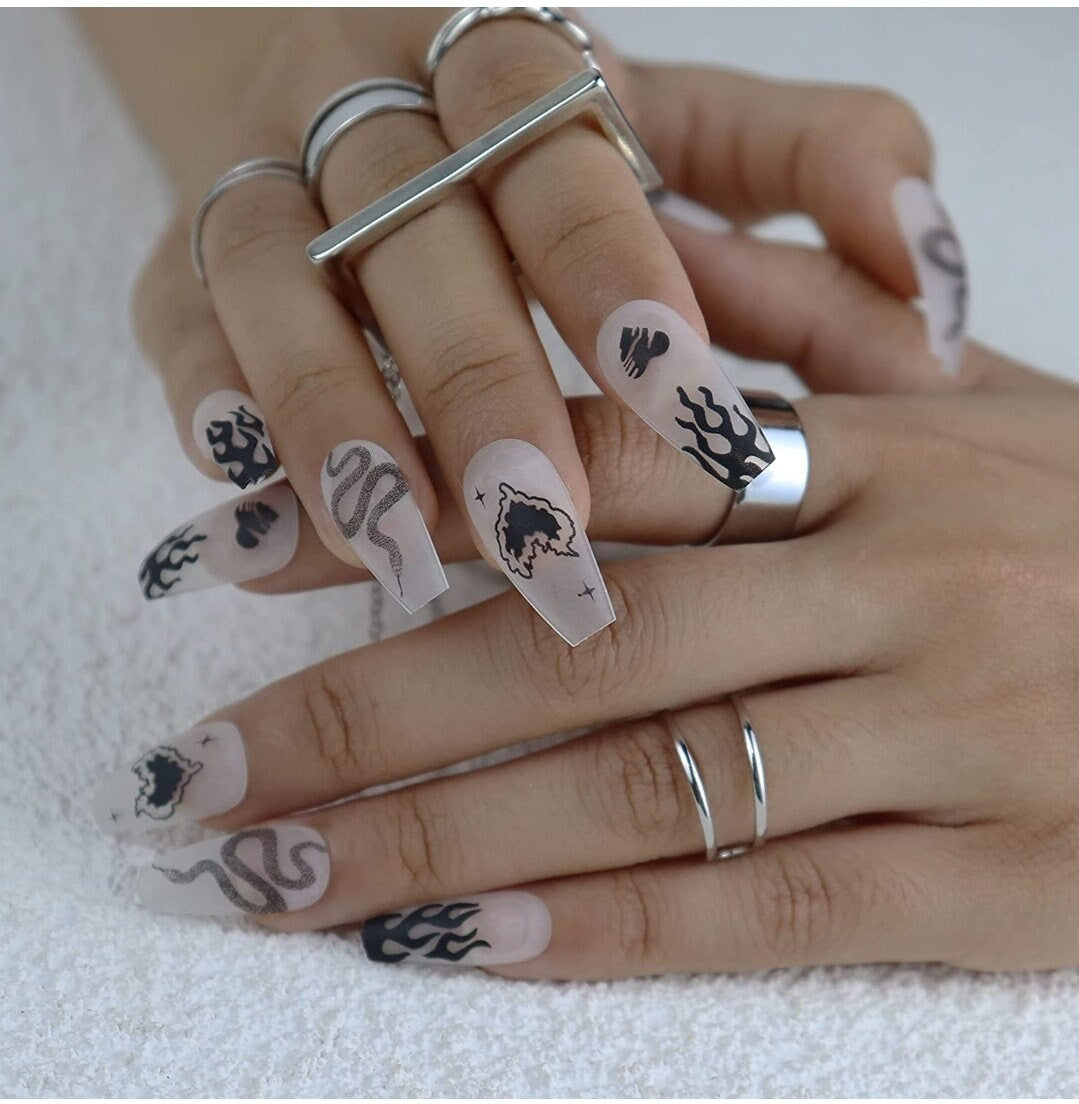 24 Matte Frosted Clear Black Press on nails kit glue on drawing edgy goth snake long