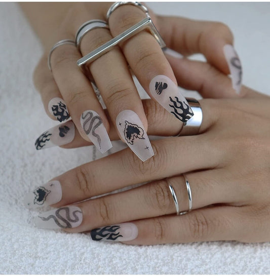 24 Matte Frosted Clear Black Press on nails kit glue on drawing edgy goth snake long
