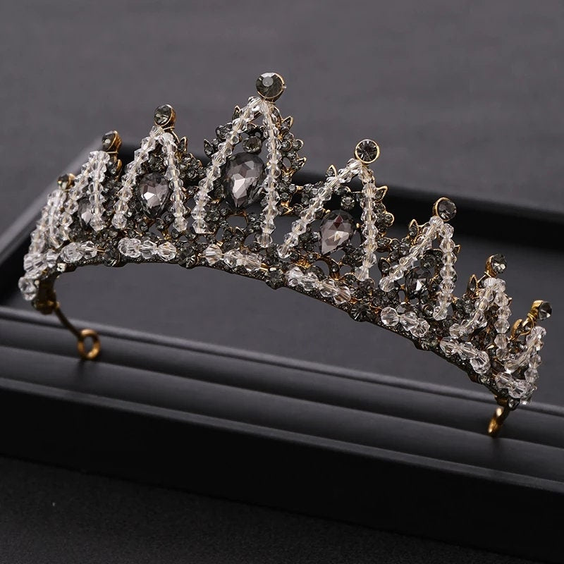 Vintage Baroque Black Tiara Crown Goth Dark Evil Queen diadem headdress jewelry
