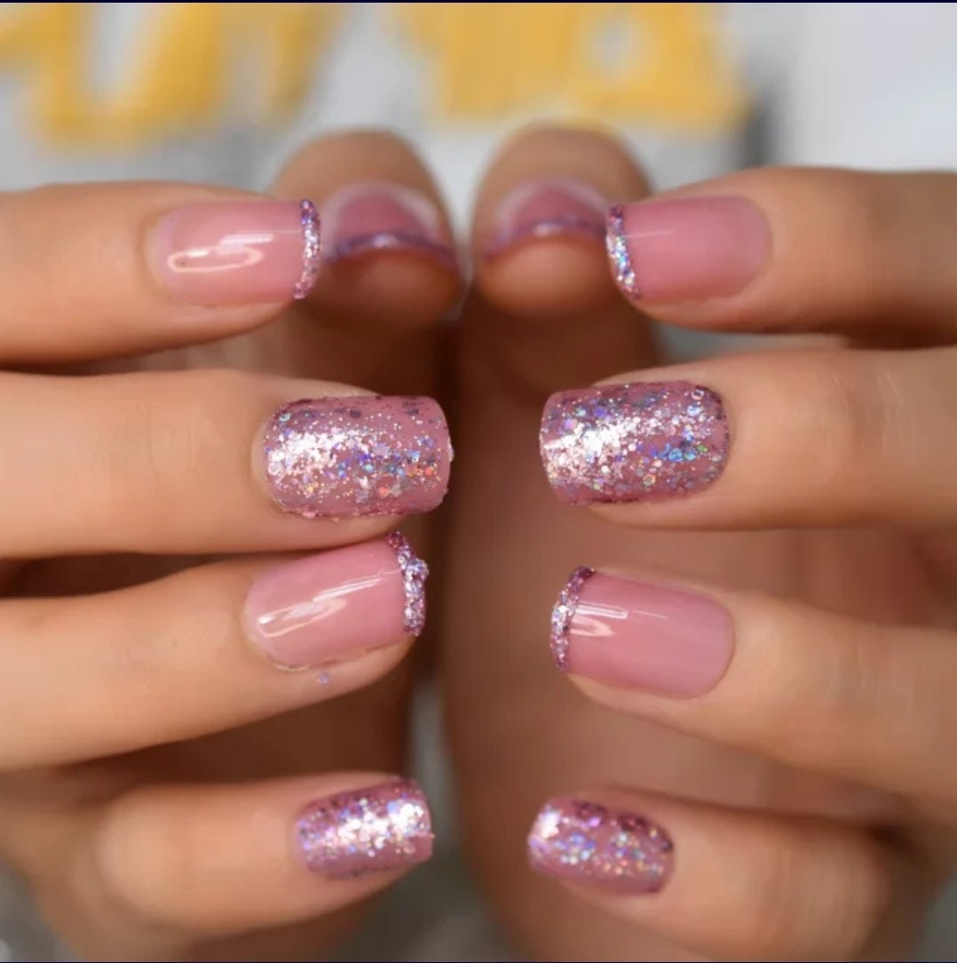 24 Nude Pink Sparkle Glitter Short Press On Nails glue on Holographic pale purple tip nude natural